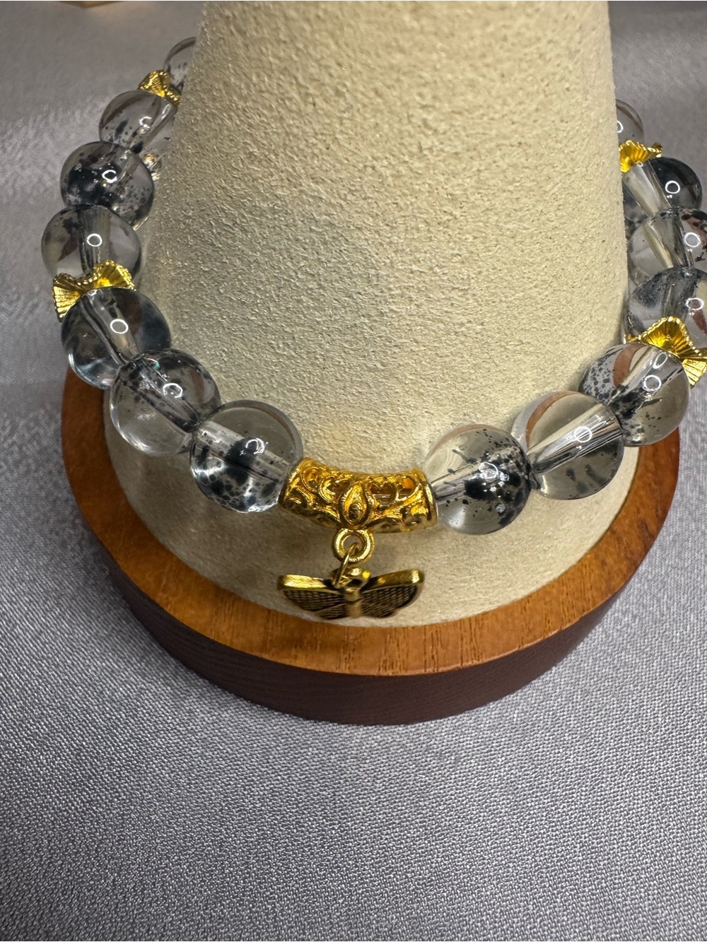 Gold-Accent Clear Glass Crackle Bead Butterfly Charm Bracelet